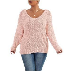 Merokeety Nubby V-Neck Sweater Sz Large Salmon Pink Soft